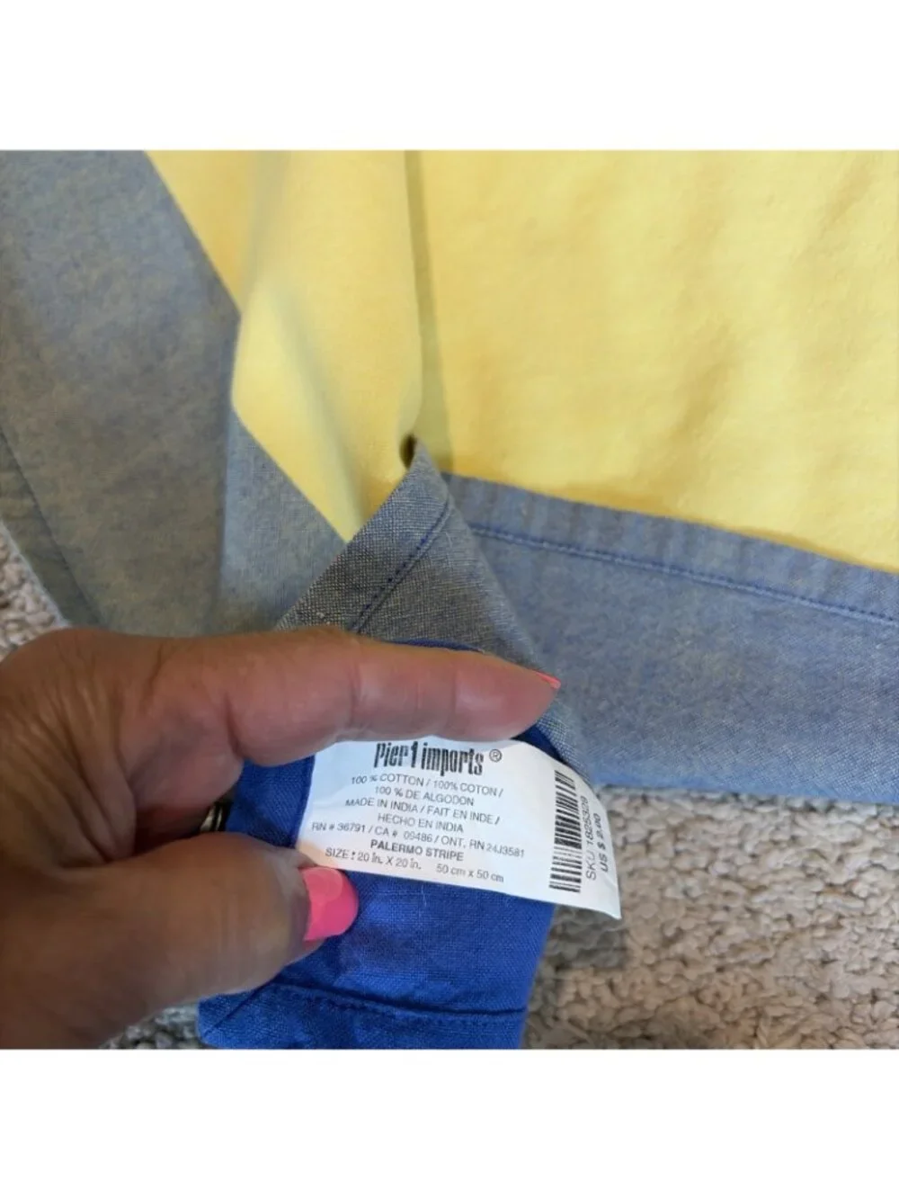 Pier 1 One Cloth Napkins Blue Yellow Palermo Stripe Plaid 100% Cotton Set of 4